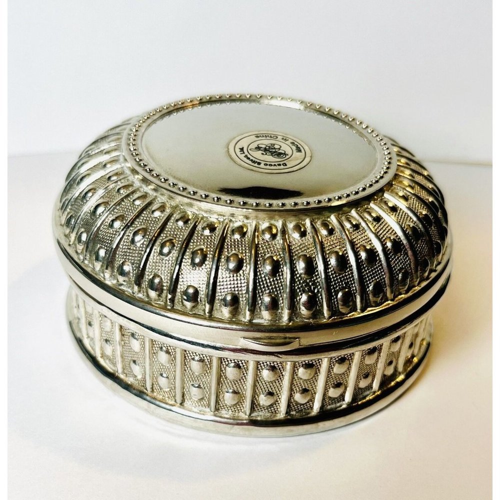  Silver Plated Beaded Antique Round Jewelry box Velvet lining Gift Vintage